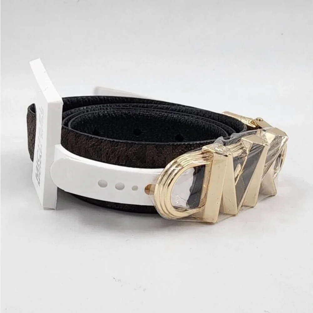 Michael Michael Kors 25mm Reversible Logo Belt Sz Medium Black-Brown / Gold NEW